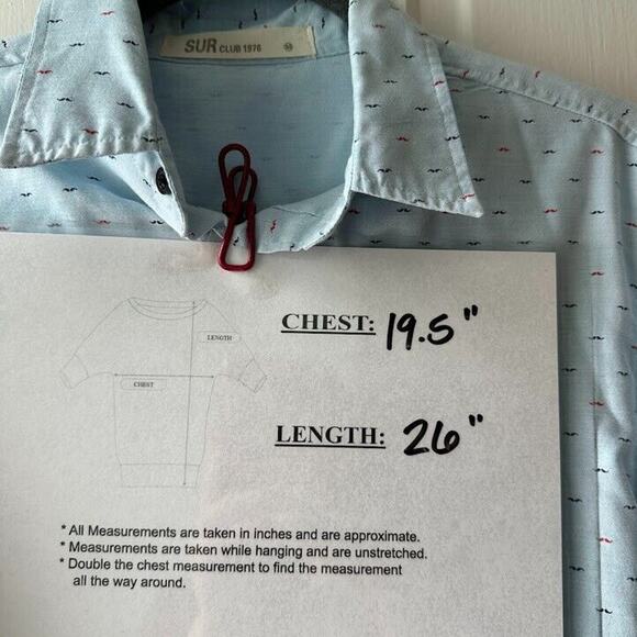 Sur Club 1976 Shirt Mens Medium Blue Mustache Button Up Long Sleeve Collared Top - Picture 6 of 6